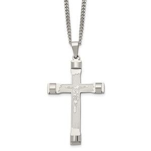 Chisel Stainless Steel Brushed Crucifix Pendant on a 22 inch Curb Chain Necklace